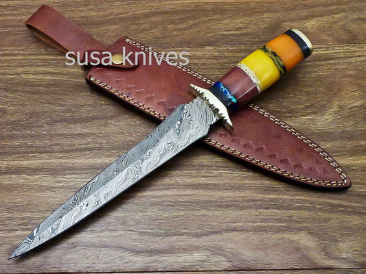 Stunning CUSTOM HAND FORGED DAMASCUS DAGGER HUNTING KNIFE CAMEL BONE - SUSA KNIVES
