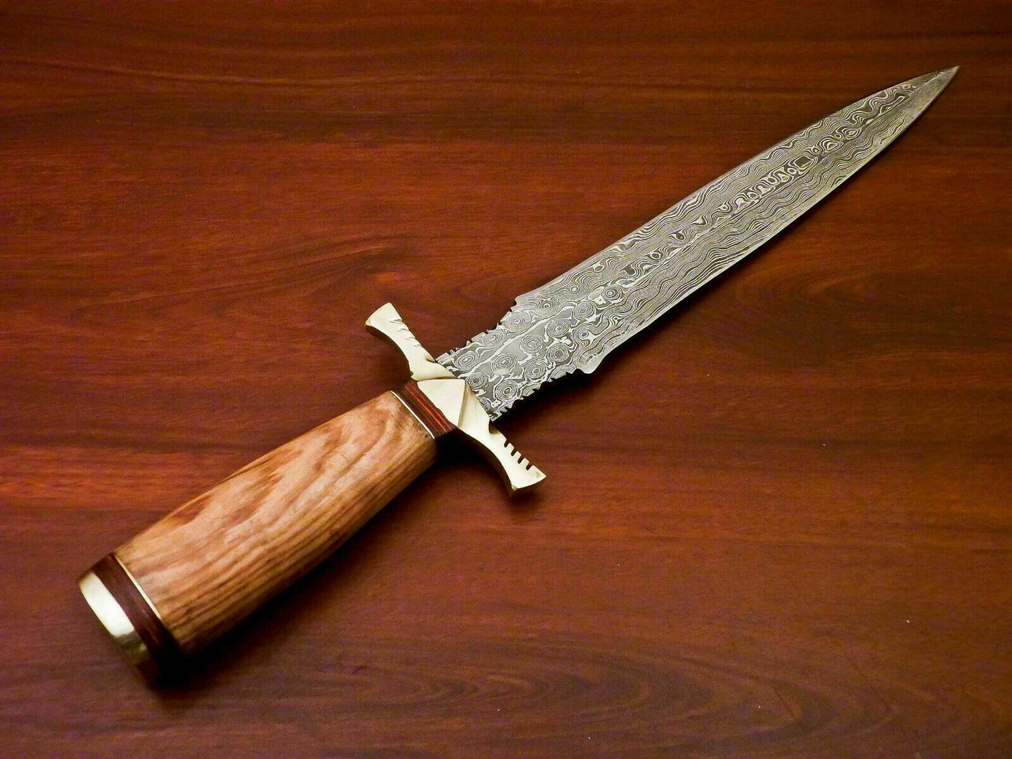 Custom Handmade Damascus Steel Dagger Knife | Sheath | Natural Olive Wood Handle - SUSA KNIVES