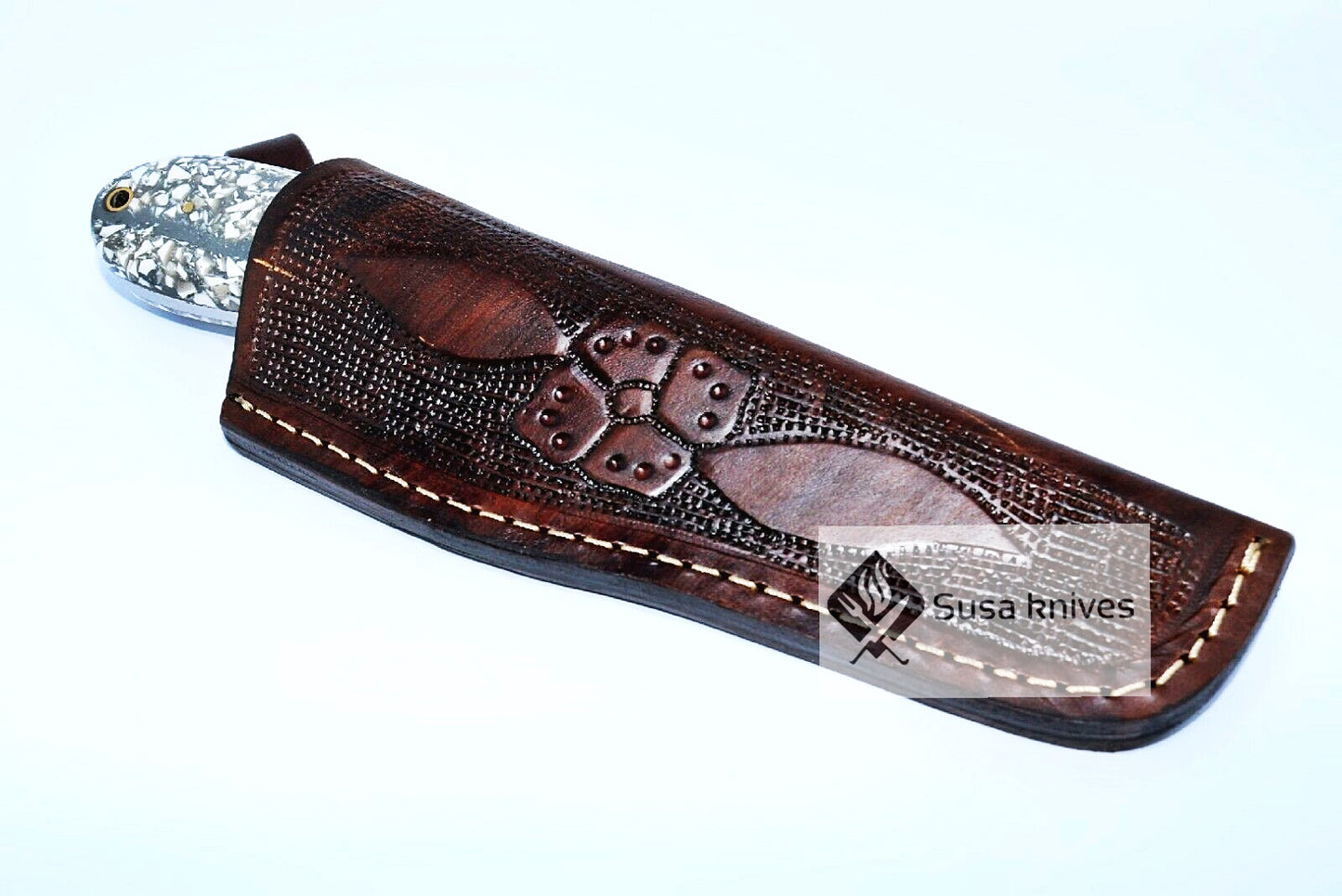 HAND FORGED DAMASCUS STEEL BULL CUTTER/COWBOY KNIFE & RISEN HANDLE - SUSA KNIVES