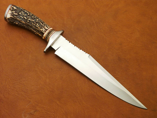CUSTOM HAND MADE D2 BOWIE HUNTING KNIFE - FIGHTER KNIFE - STAG ANTLER HANDLE - SUSA KNIVES