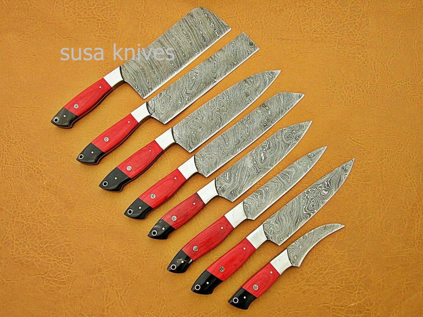 CUSTOM HANDMADE DAMASCUS STEEL CHEF SET/KITCHEN 8 PCS ROSEWOOD ,BUFFALO HORN - SUSA KNIVES