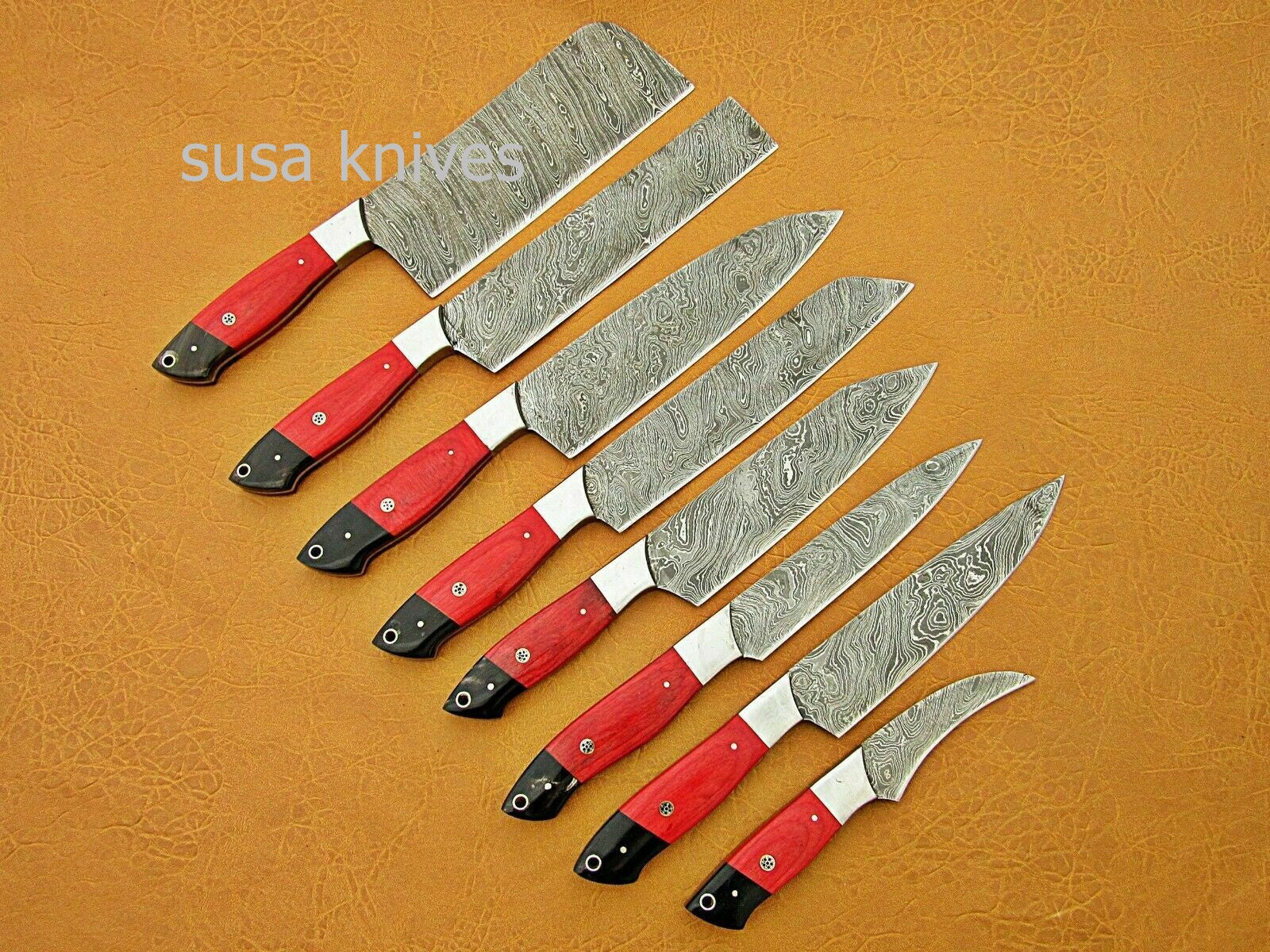 CUSTOM HANDMADE DAMASCUS STEEL CHEF SET/KITCHEN 8 PCS ROSEWOOD ,BUFFALO HORN - SUSA KNIVES