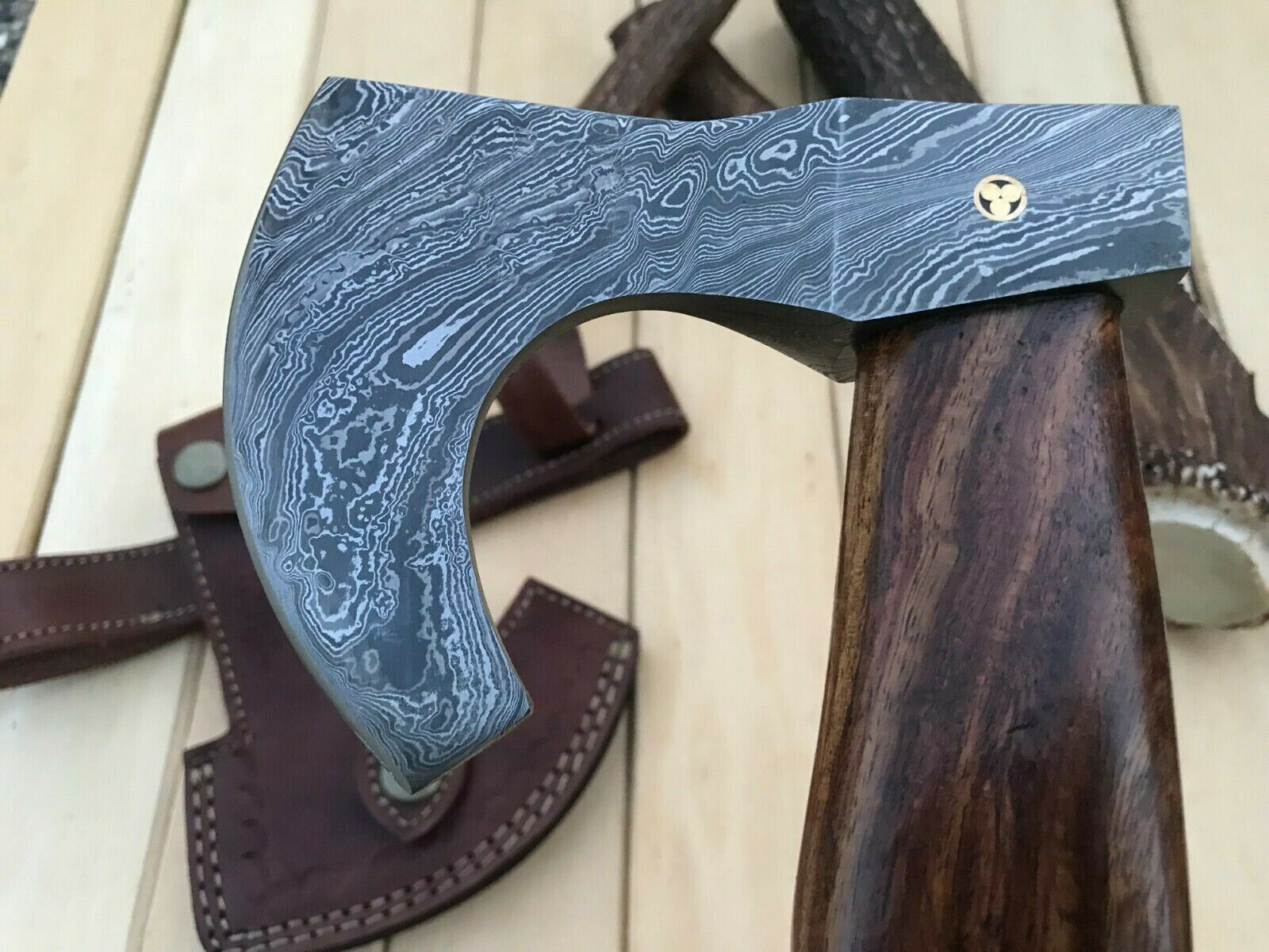 CUSTOM HAND FORGED DAMASCUS STEEL WALNUT WOOD CAMPING TOMAHAWK AXE WITH SHEATH - SUSA KNIVES