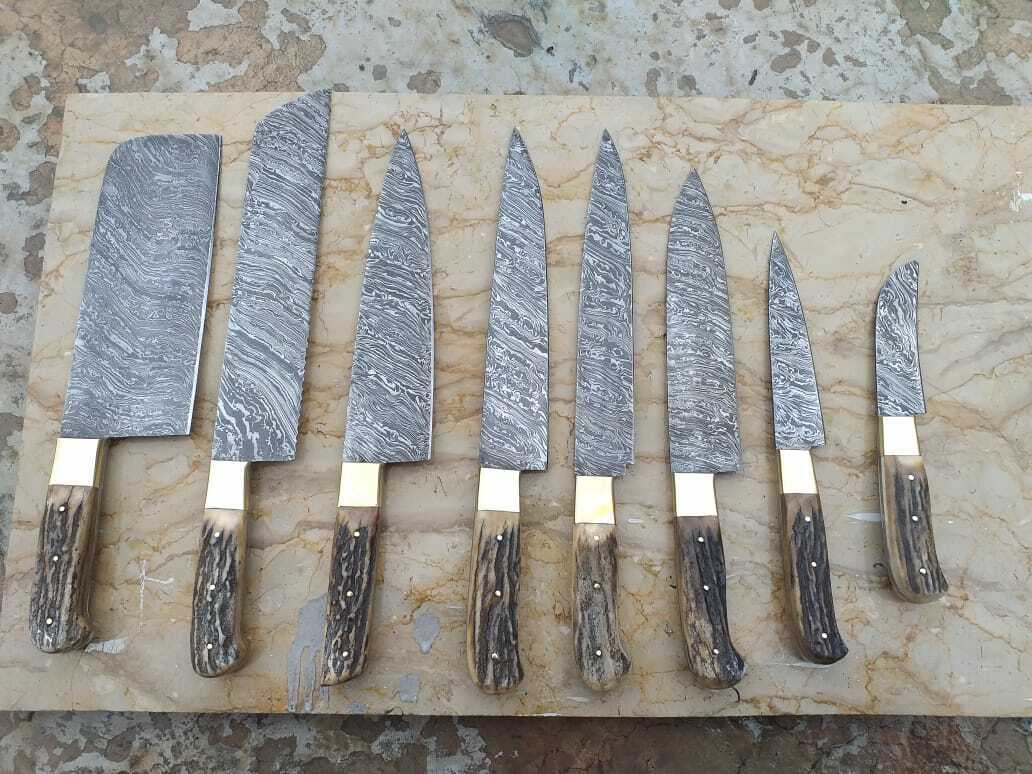 Damascus Steel Antler Horn Grip Chef Kitchen Knives Professional Set of 8 Knives - SUSA KNIVES