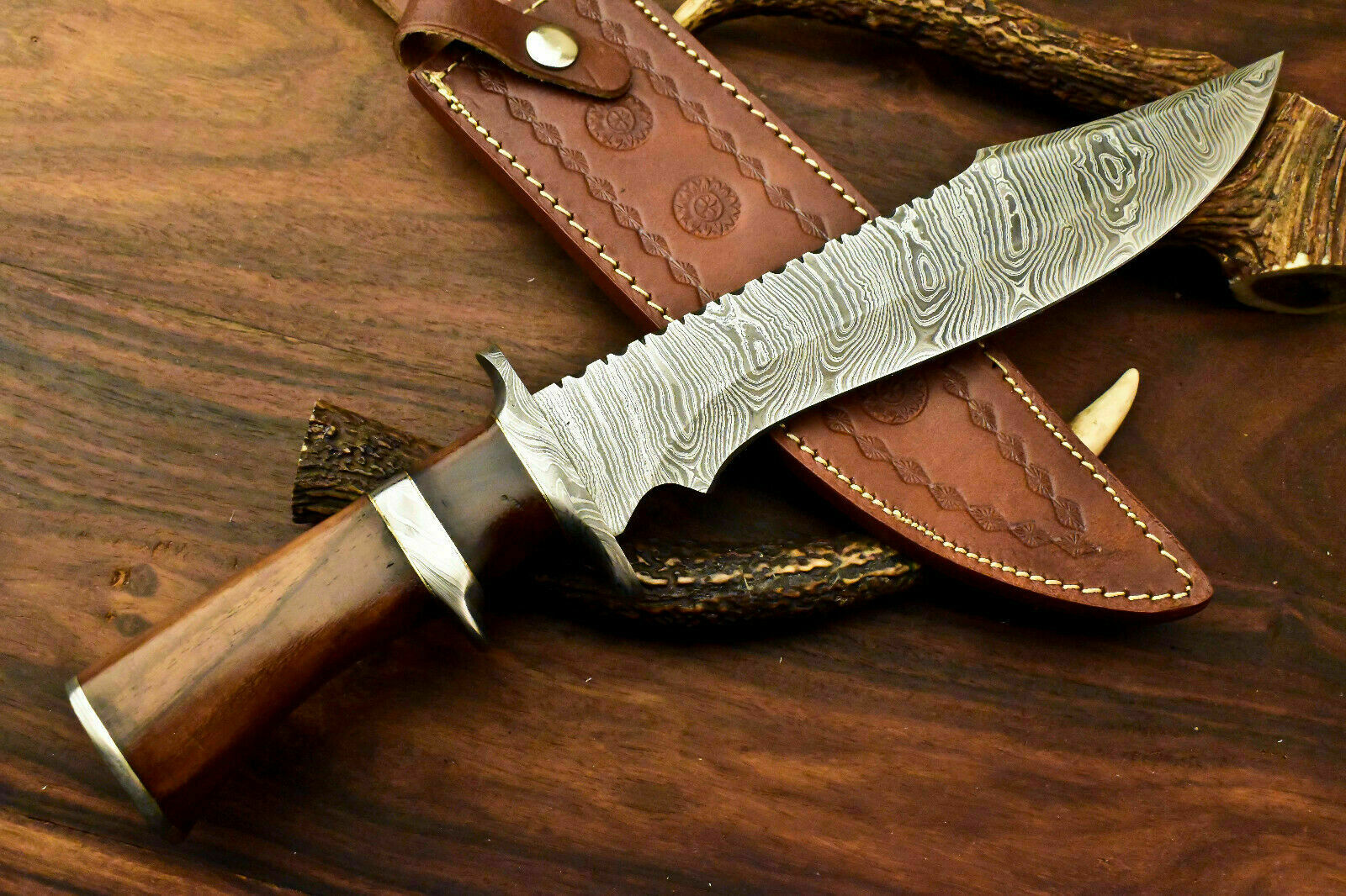 Custom Handmade Damascus Steel Bowie Knife | Sheath | Natural Rose Wood Handle - SUSA KNIVES