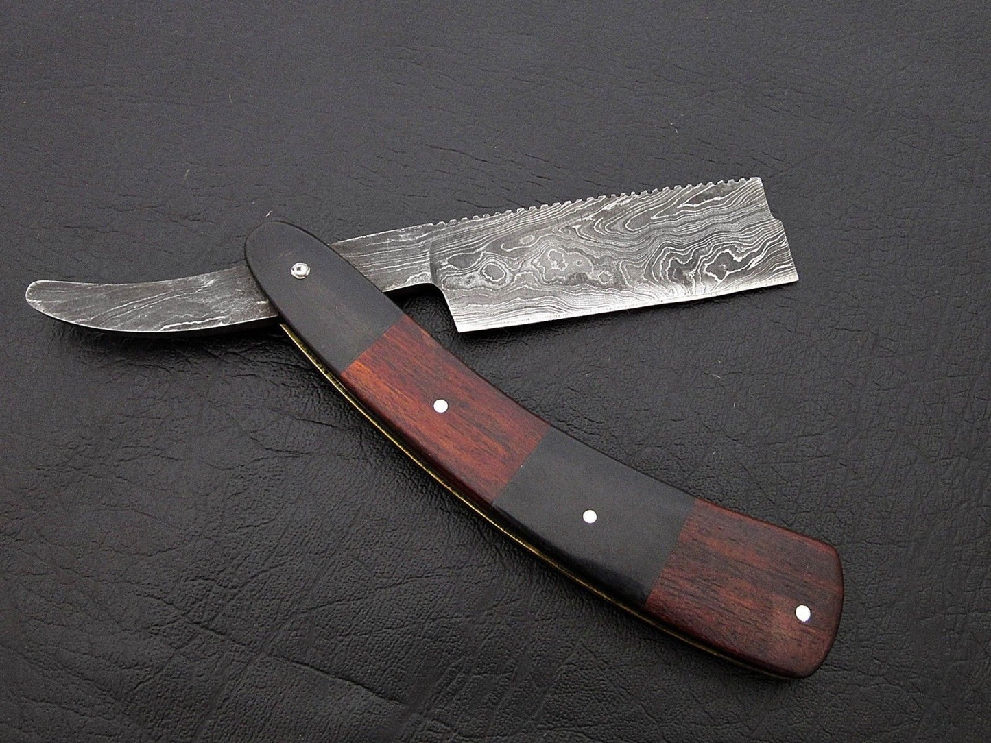 BEAUTIFUL CUSTOM HANDMADE DAMASCUS SHAVING RAZOR HANDLE ROSE WOOD & BULL HORN - SUSA KNIVES