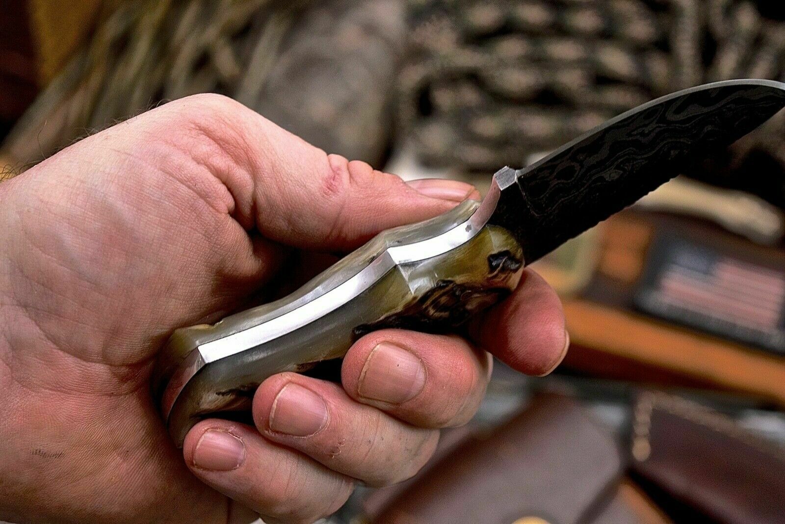 Handmade Twist Damascus Custom Sheep Horn Small Skinning Hunting Knife - SUSA KNIVES