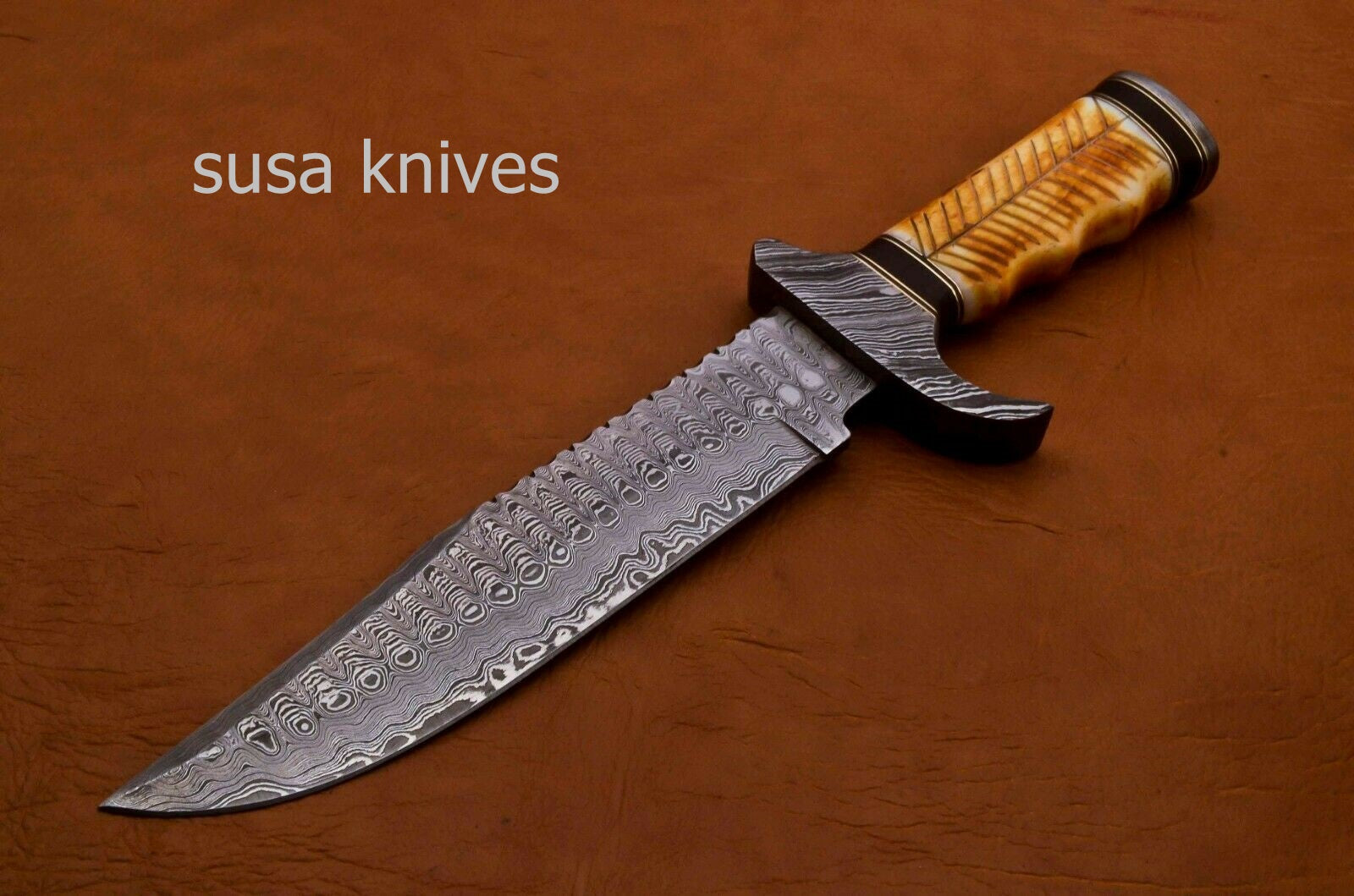 Handmade Damascus Steel Bowie Knive -Cammel Bone & Rose Wood Handle - SUSA KNIVES