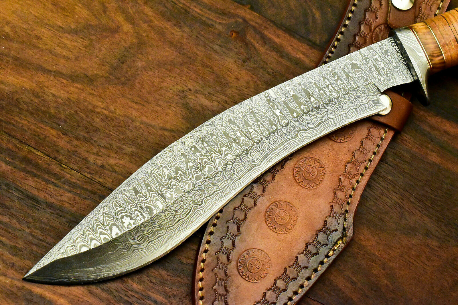 Custom Handmade Damascus Steel Bowie Knife | Sheath | Leather Roll Handle - SUSA KNIVES