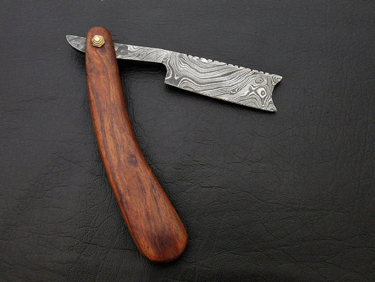 CUSTOM HANDMADE DAMASCUS STEEL BARBER FOLDING RAZOR ROSE WOOD HANDLE WITH POUCH - SUSA KNIVES