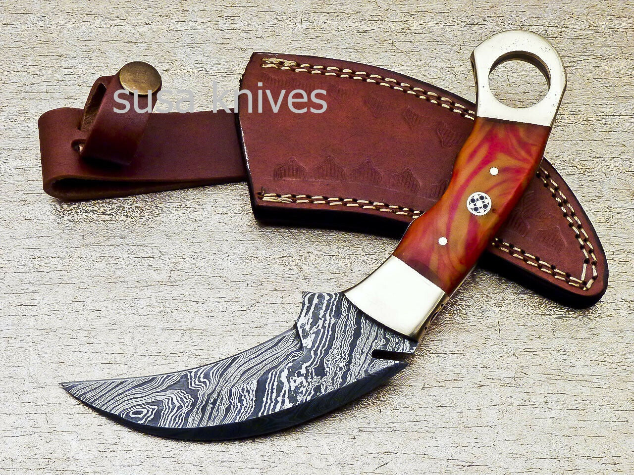 SUPERB CUSTOM HAND FORGED DAMASCUS STEEL KARAMBIT KNIFE CORIAN MATERIAL - SUSA KNIVES
