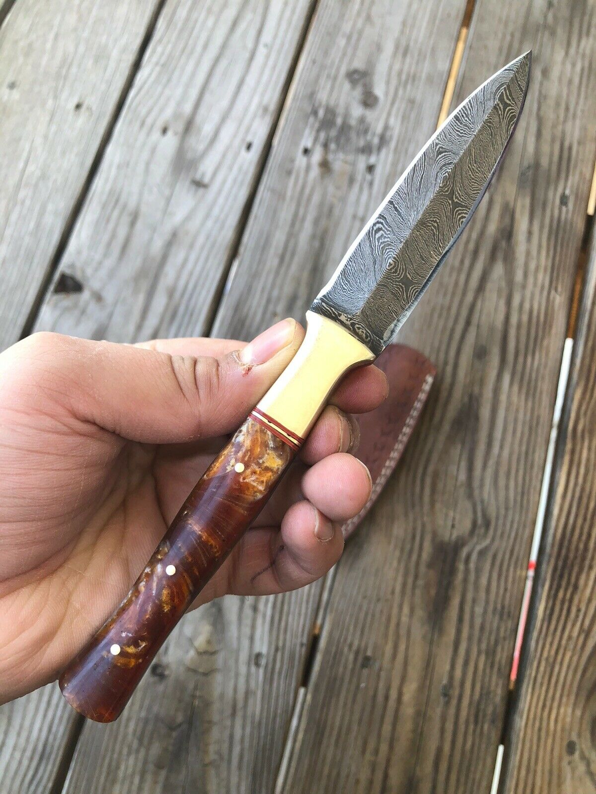 HAND FORGED DAMASCUS STEEL DAGGER BOOT Throwing Knife Resin & Brass Handle - SUSA KNIVES