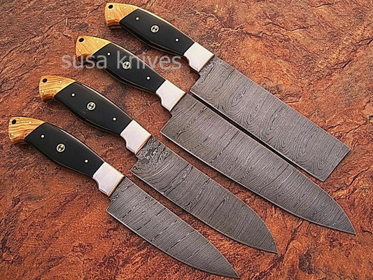 CUSTOM MADE DAMASCUS BLADE 4Pcs. CHEF/KITCHEN KNIVES SET - SUSA KNIVES