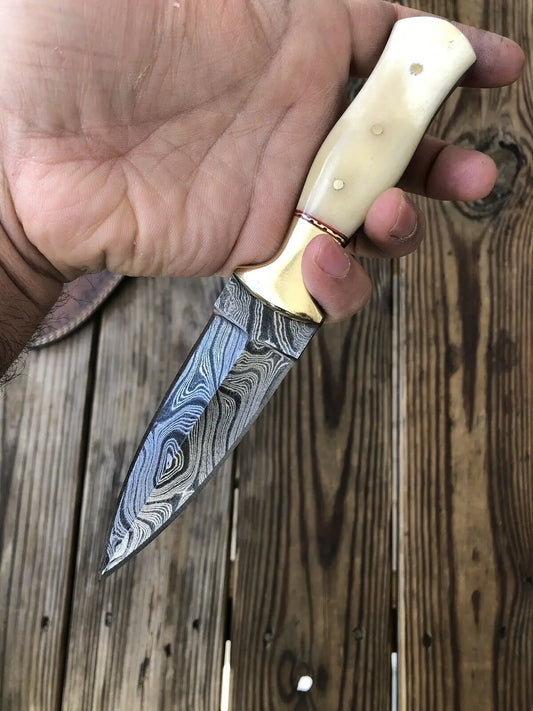 HAND FORGED DAMASCUS STEEL Dagger Boot Knife W/ Camel Bone &Brass Bolster Handle - SUSA KNIVES