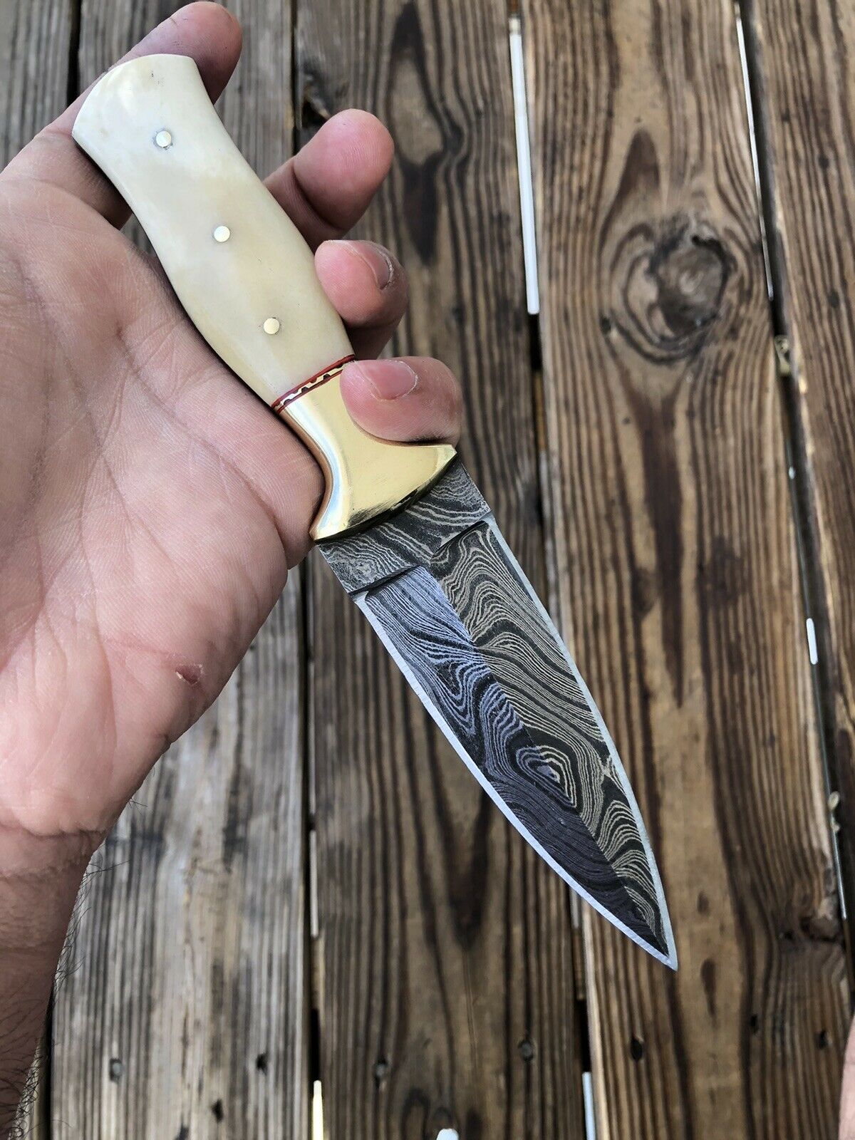 HAND FORGED DAMASCUS STEEL Dagger Boot Knife W/ Camel Bone &Brass Bolster Handle - SUSA KNIVES