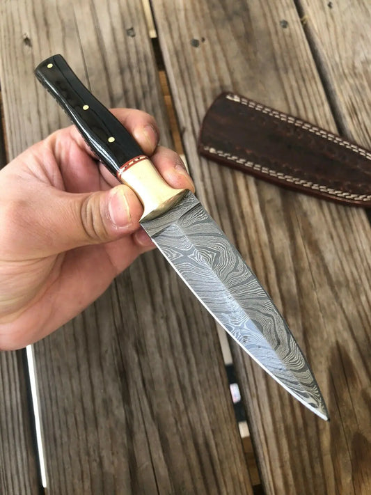 HAND FORGED DAMASCUS STEEL DAGGER BOOT Throwing Knife Horn &Brass Bolster Handle - SUSA KNIVES