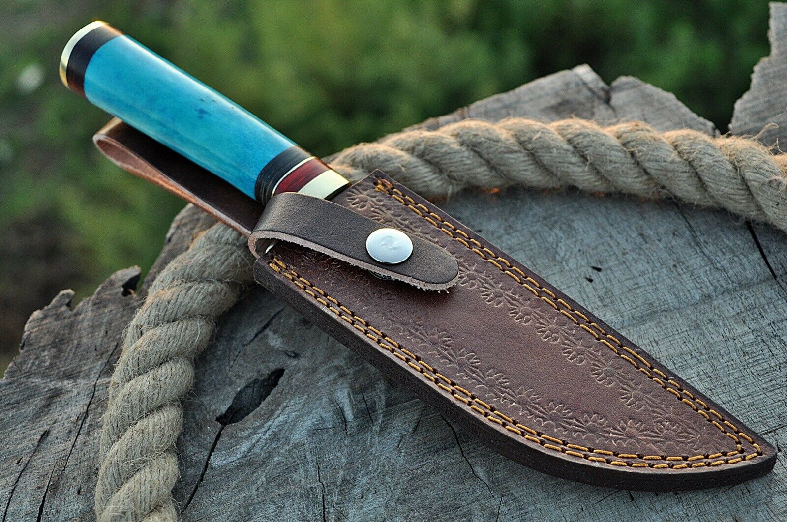 HAND FORGED DAMASCUS Steel Hunting Knife + Sheath - SUSA KNIVES