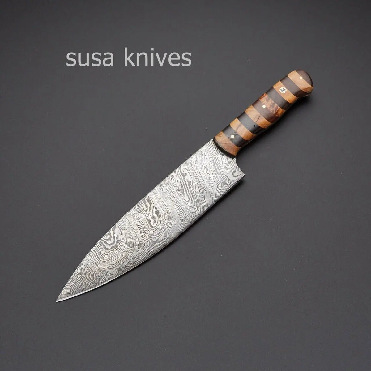 OLIVE,ROSE WOOD,CUSTOM HANDMADE DAMASCUS STEEL KITCHEN/CHEF KNIVES WITH LEATHER - SUSA KNIVES