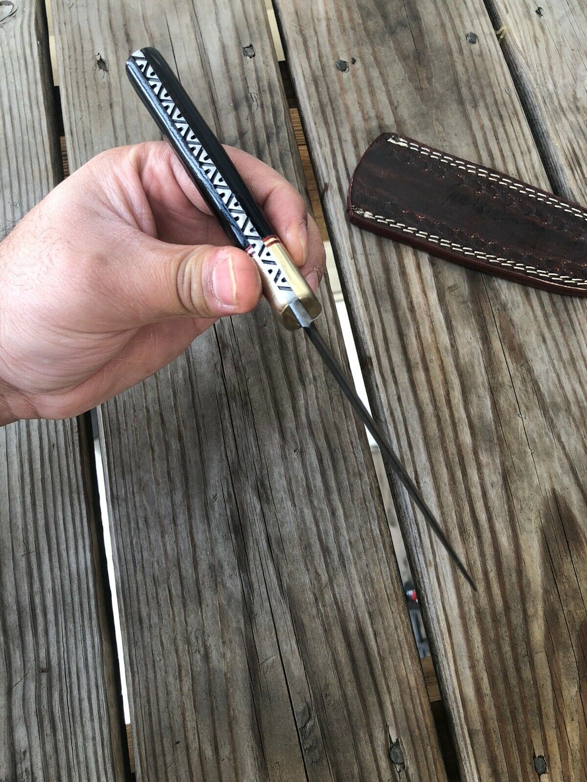 HAND FORGED DAMASCUS STEEL DAGGER BOOT Throwing Knife Horn &Brass Bolster Handle - SUSA KNIVES