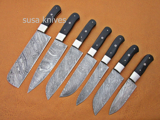 CUSTOM HANDMADE DAMASCUS STEEL CHEF SET/KITCHEN KNIVES 7 PCS ,BUFFALO HORN - SUSA KNIVES