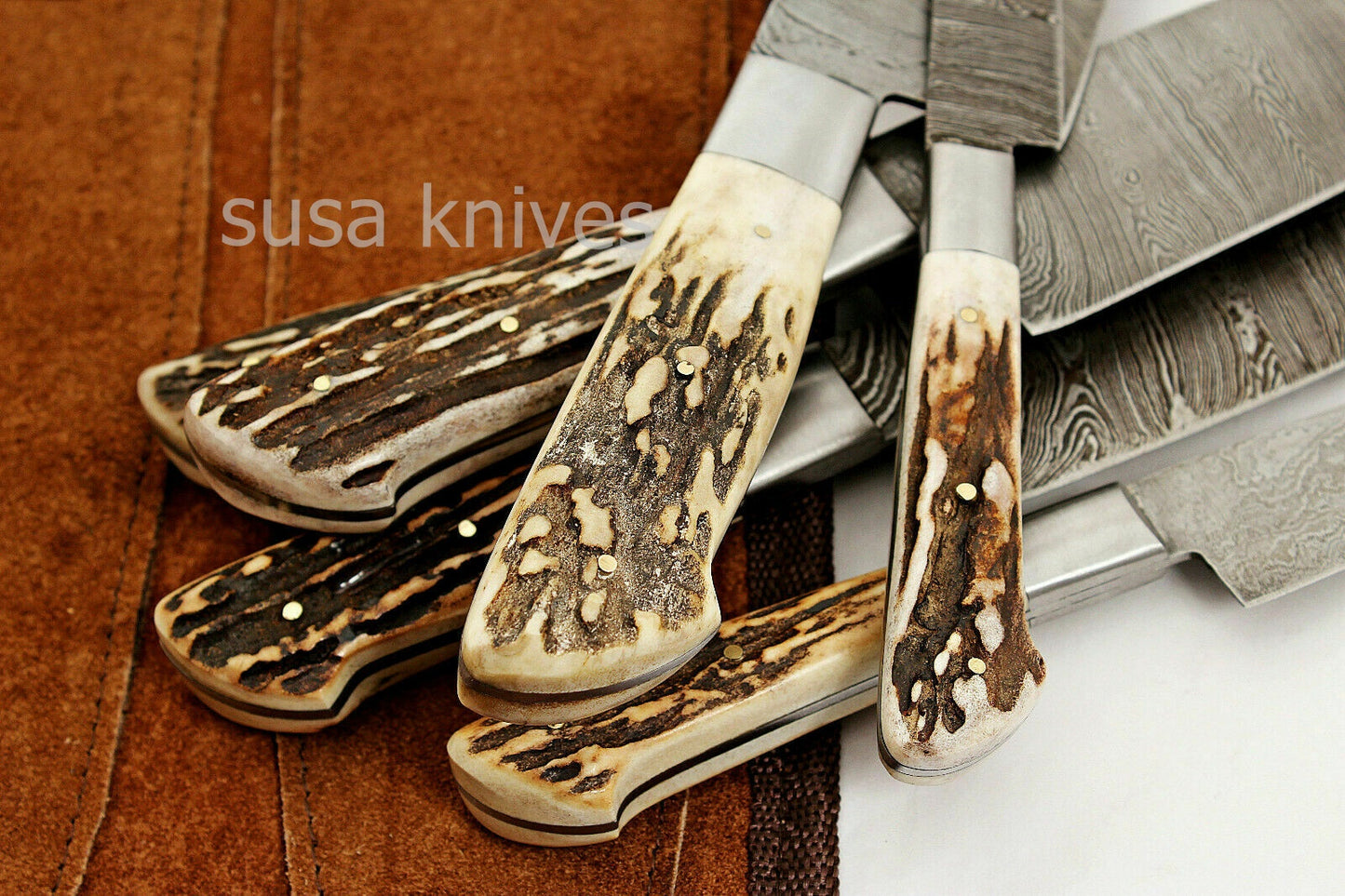 CUSTOM MADE DAMASCUS BLADE 6Pc's. KITCHEN KNIVES SET-Stag Case Roll Bag - SUSA KNIVES