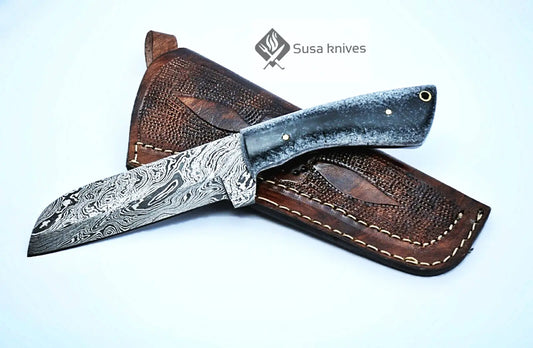 HAND FORGED DAMASCUS STEEL BULL CUTTER/COWBOY KNIFE & RISEN HANDLE - SUSA KNIVES