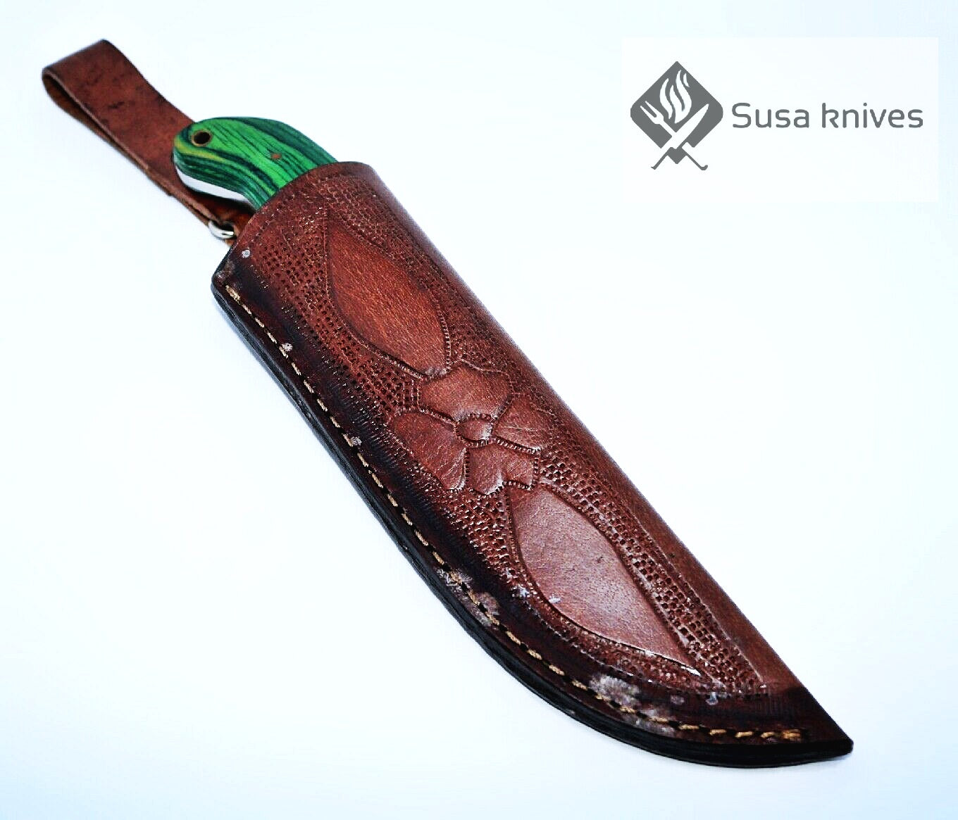 HAND FORGED DAMASCUS STEEL BULL CUTTER/COWBOY KNIFE & PUKKA WOOD HANDLE - SUSA KNIVES