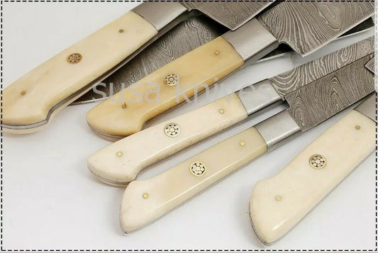 Custom Handmade Damascus Steel Beautiful 6 Pcs. Kitchen Knives Set-Bone - SUSA KNIVES