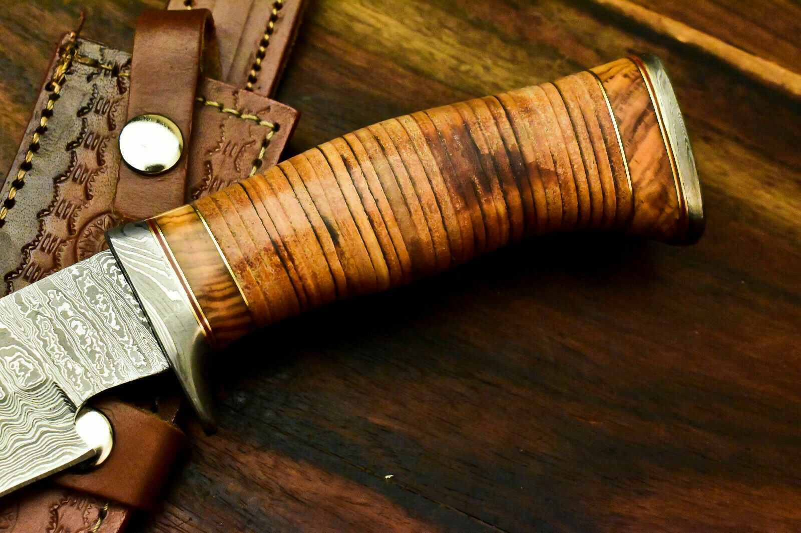 Custom Handmade Damascus Steel Bowie Knife | Sheath | Leather Roll Handle - SUSA KNIVES