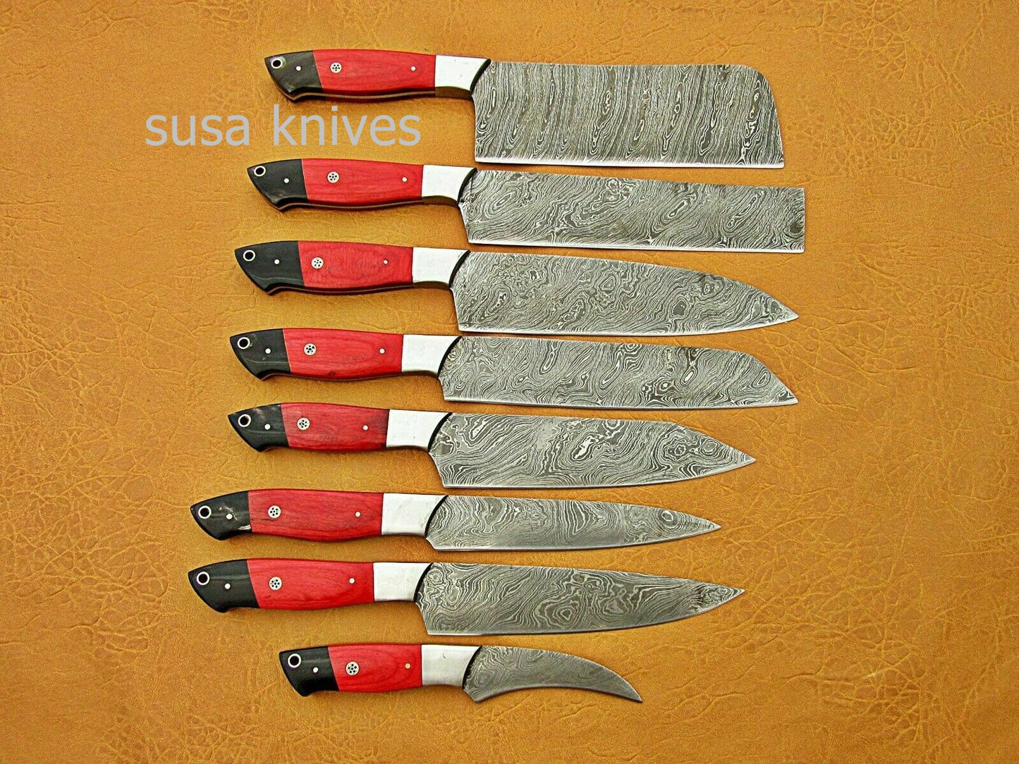 CUSTOM HANDMADE DAMASCUS STEEL CHEF SET/KITCHEN 8 PCS ROSEWOOD ,BUFFALO HORN - SUSA KNIVES