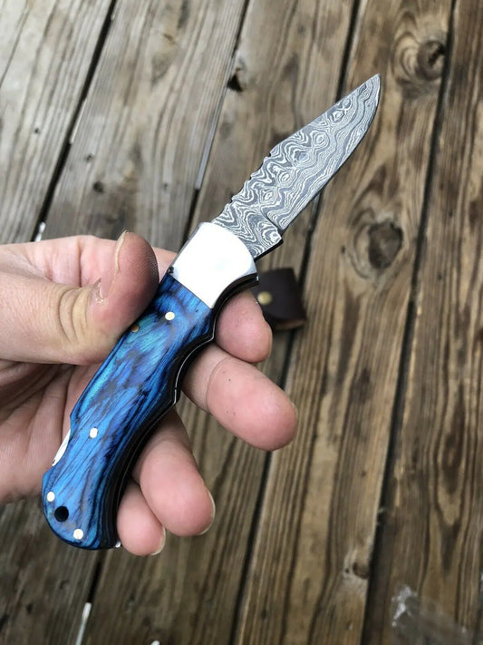 HAND FORGED DAMASCUS STEEL BackLock Folding Knife W/Stained Wood & Steel Handle - SUSA KNIVES