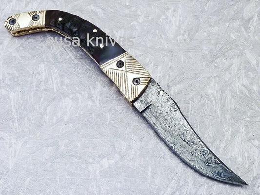 SUPERB CUSTOM HANDMADE DAMASCUS STEEL POCKET FOLDING KNIFE LINER LOCK - SUSA KNIVES