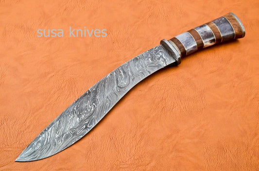 Handmade Damascus Steel Bowie Knive - Cammel Bone & Rose Wood Handle - SUSA KNIVES