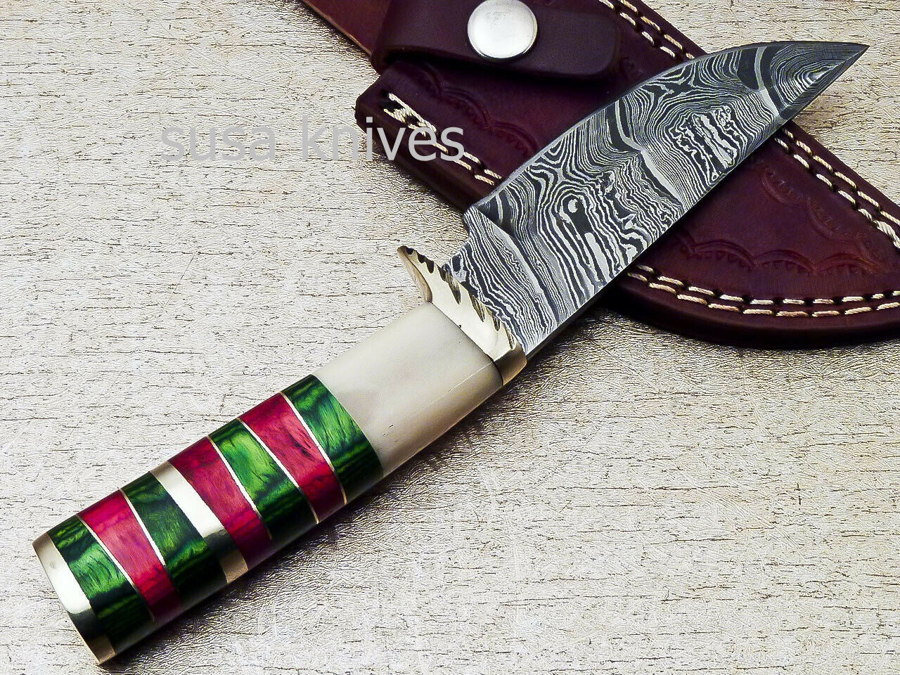 HANDMADE DAMASCUS 8.0" HUNTING KNIFE WITH CAMEL BONE HANDLE - SUSA KNIVES