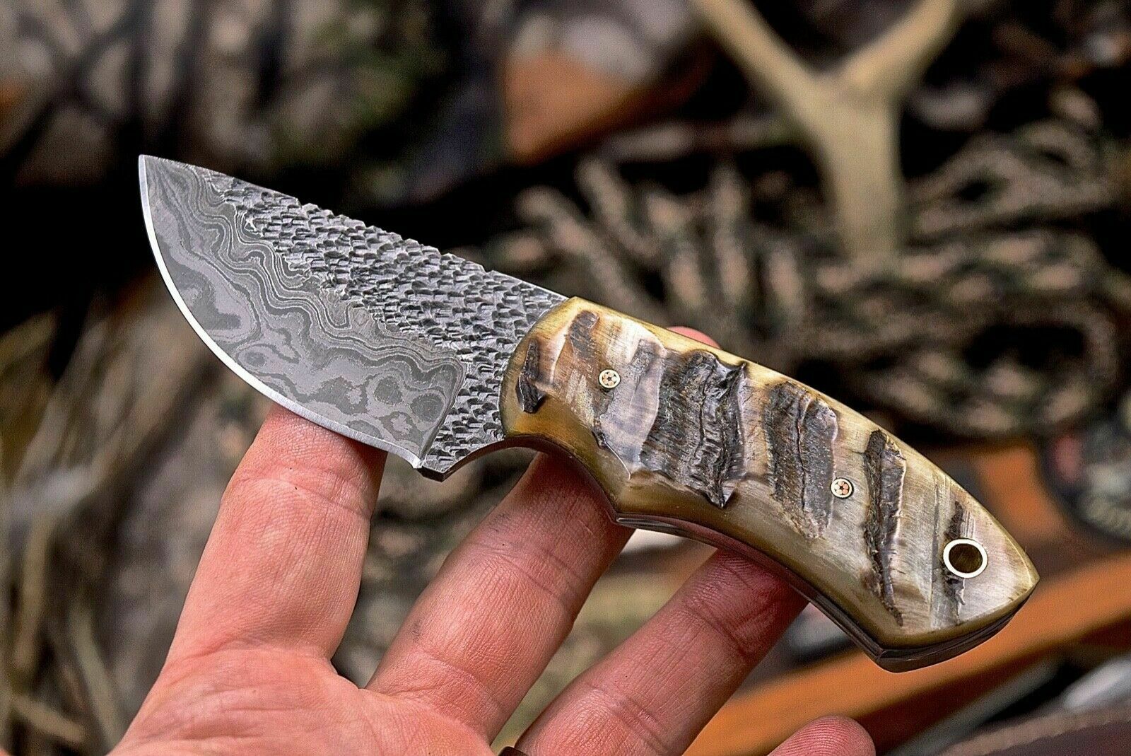 Handmade Twist Damascus Custom Sheep Horn Small Skinning Hunting Knife - SUSA KNIVES