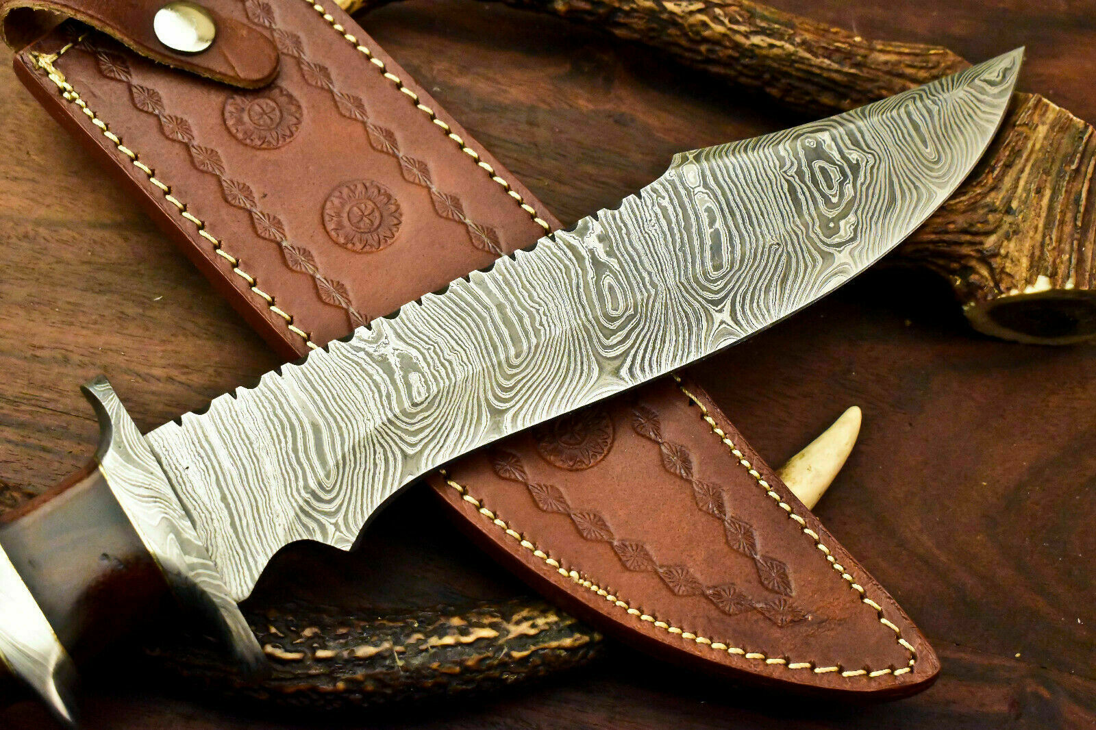 Custom Handmade Damascus Steel Bowie Knife | Sheath | Natural Rose Wood Handle - SUSA KNIVES