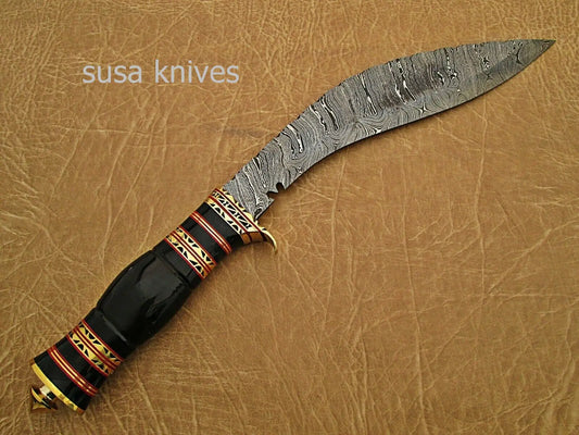 Damascus steel hunting Kukri knife BRASS GUARD Buffalo Horn. - SUSA KNIVES