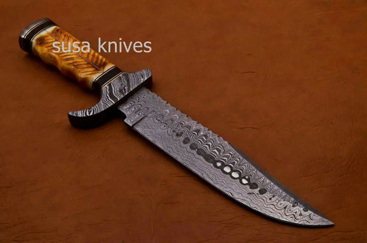 Handmade Damascus Steel Bowie Knive -Cammel Bone & Rose Wood Handle - SUSA KNIVES