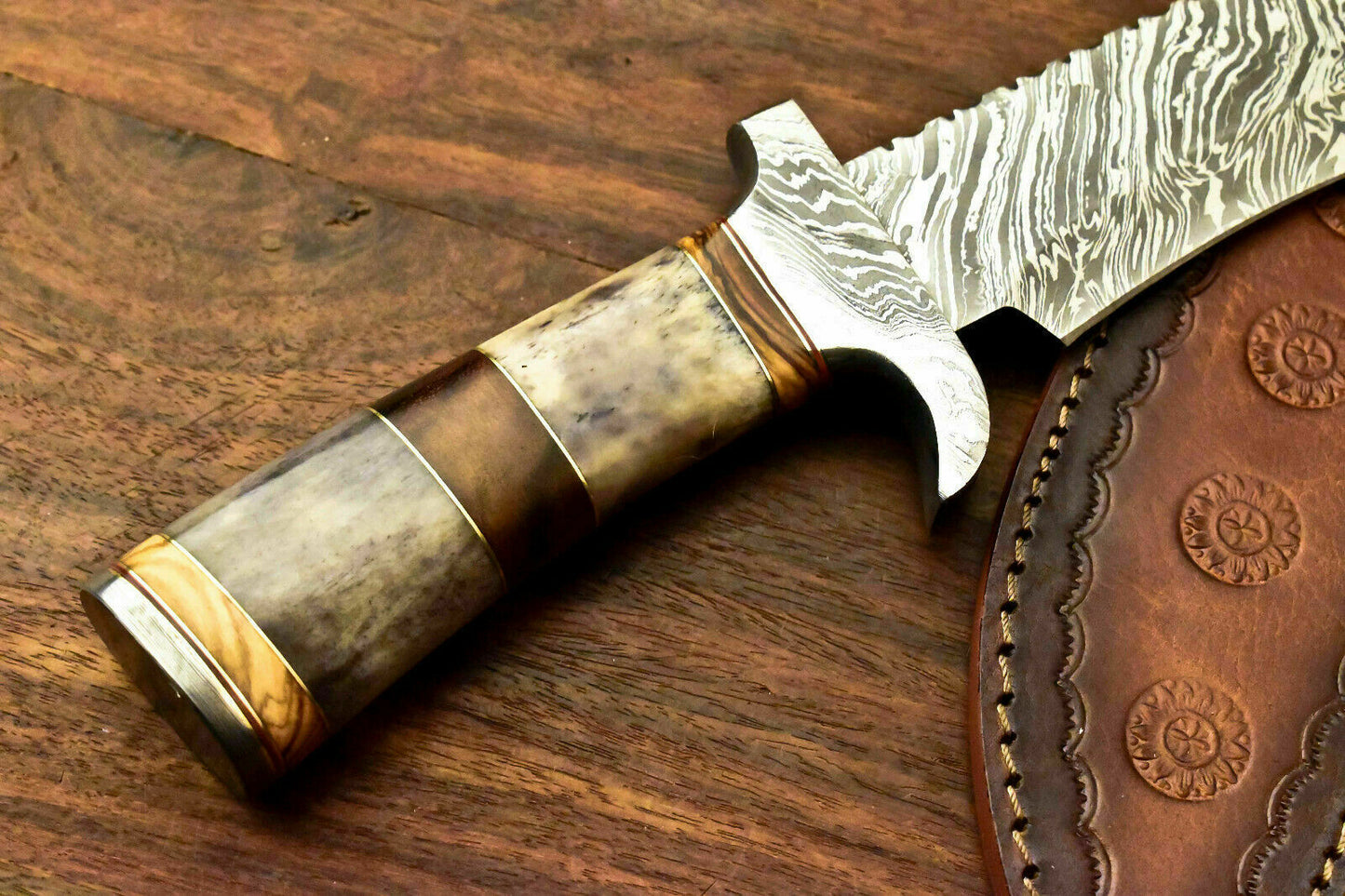 Custom Handmade Damascus Steel Bowie Knife | Sheath | Stained Camel Bone Handle - SUSA KNIVES