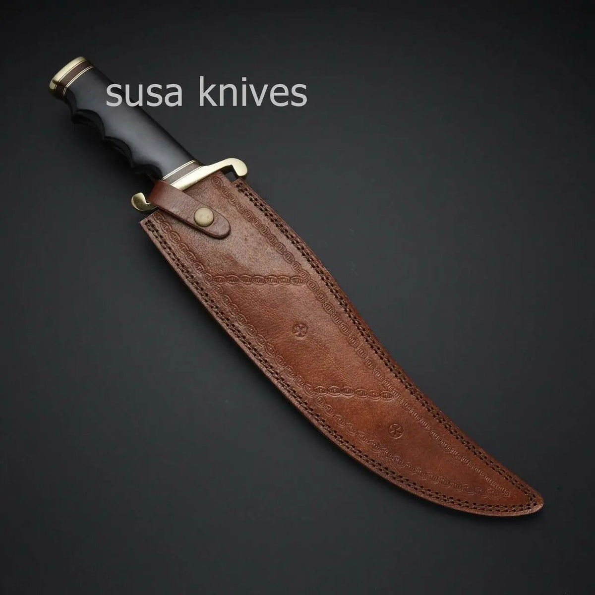 HANDMADE DAMASCUS STEEL BLACK MICARTA WITH LEATHER SHEATH - SUSA KNIVES