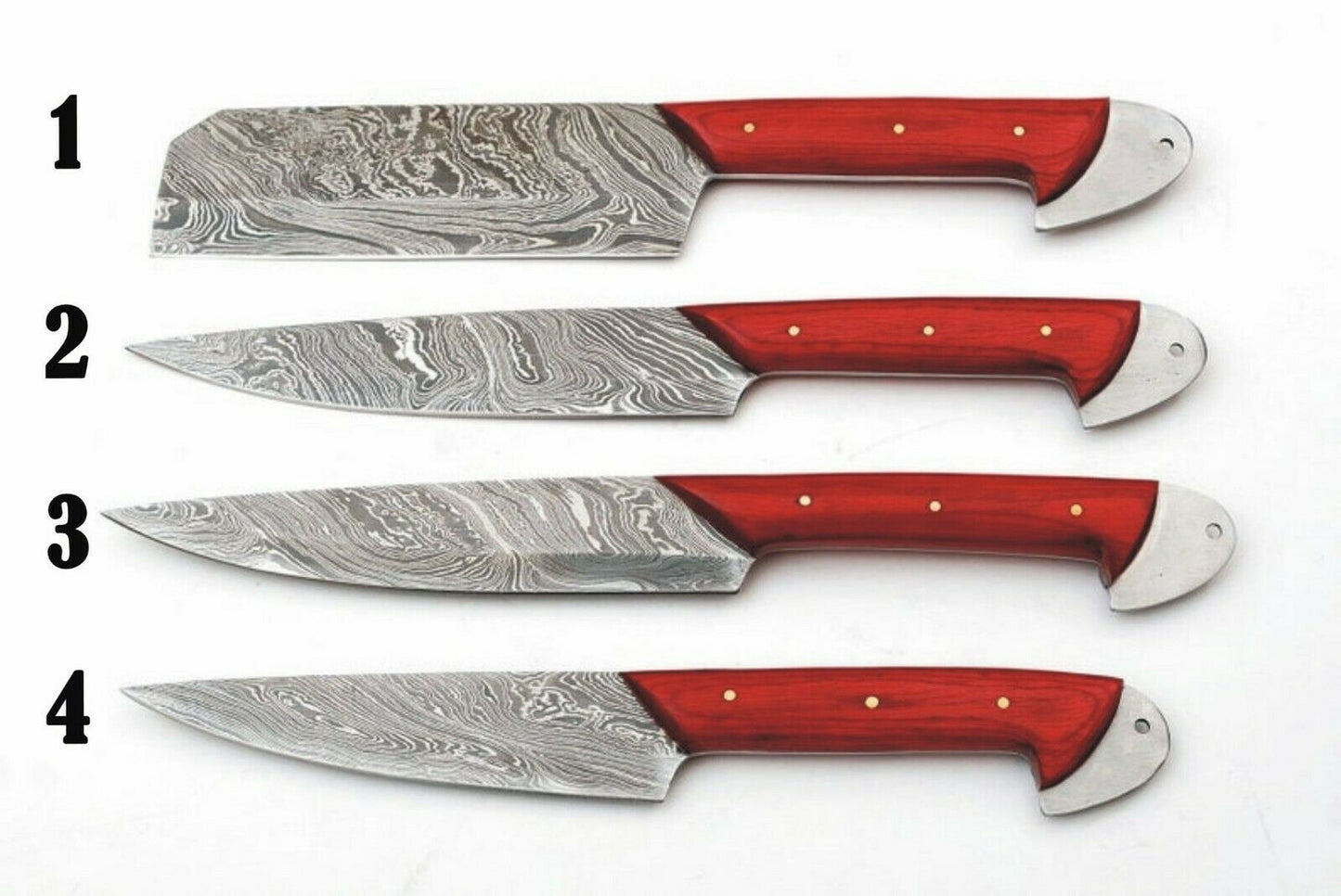 Overall Lengths 8 to 13 Inches Handle Lengths 4.5 Inches Blade Lengths 4.5 to 10.5 Inches Handle Material: Dollar Wood Handle Blade Material: Damascus steel Blade Pattern: Twisted - SUSA KNIVES