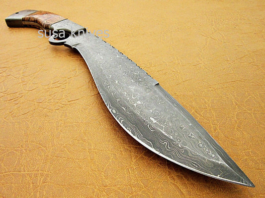 Kukri knife-Custom Handmade Damascus Steel kukri Knife Natural Rose Wood Handle - SUSA KNIVES