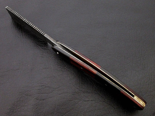 BEAUTIFUL CUSTOM HANDMADE DAMASCUS SHAVING RAZOR HANDLE ROSE WOOD & BULL HORN - SUSA KNIVES