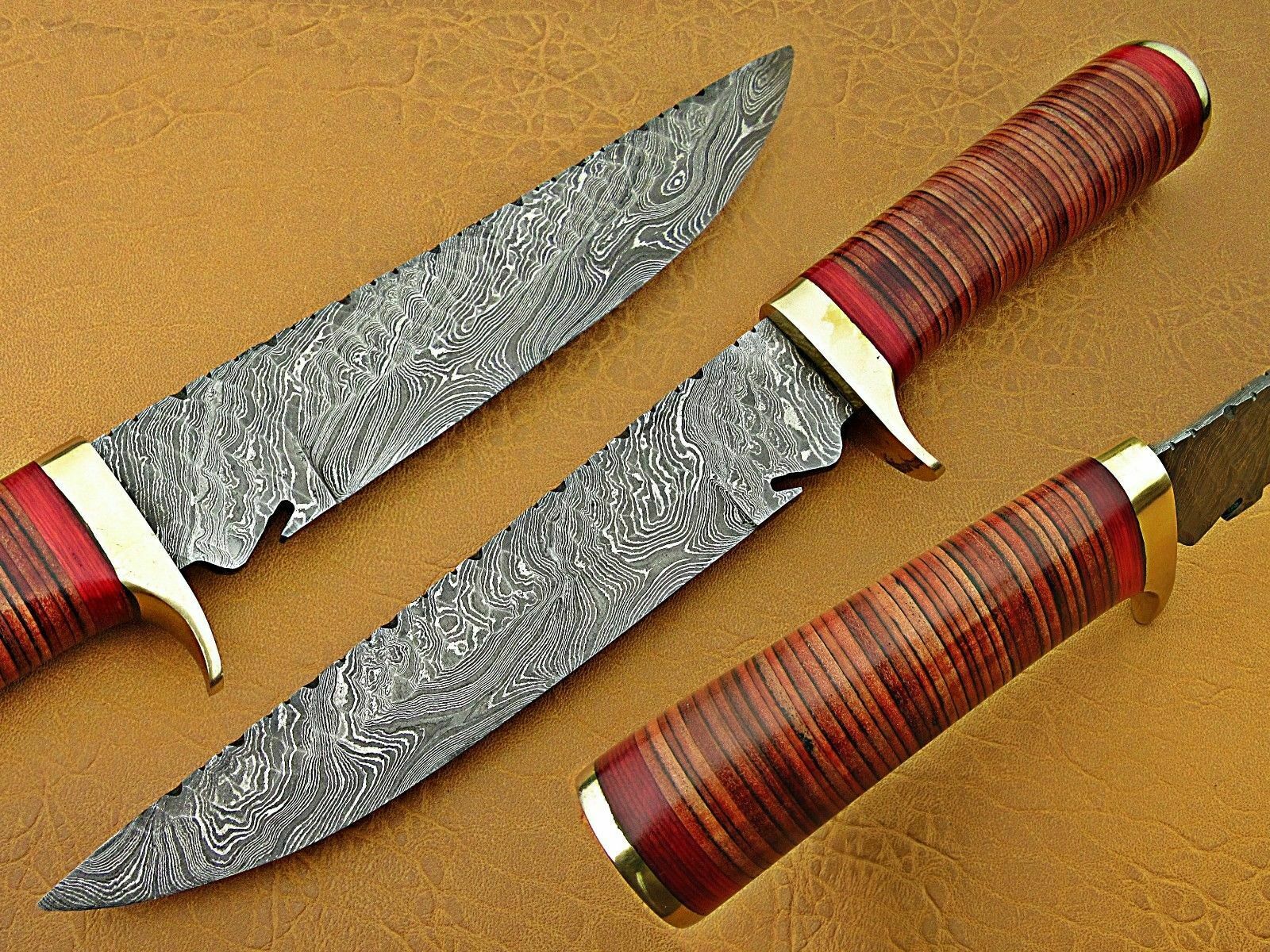 Custom Handmade Damascus Steel Hunting knife with Sheath" Leather Roll Handle - SUSA KNIVES