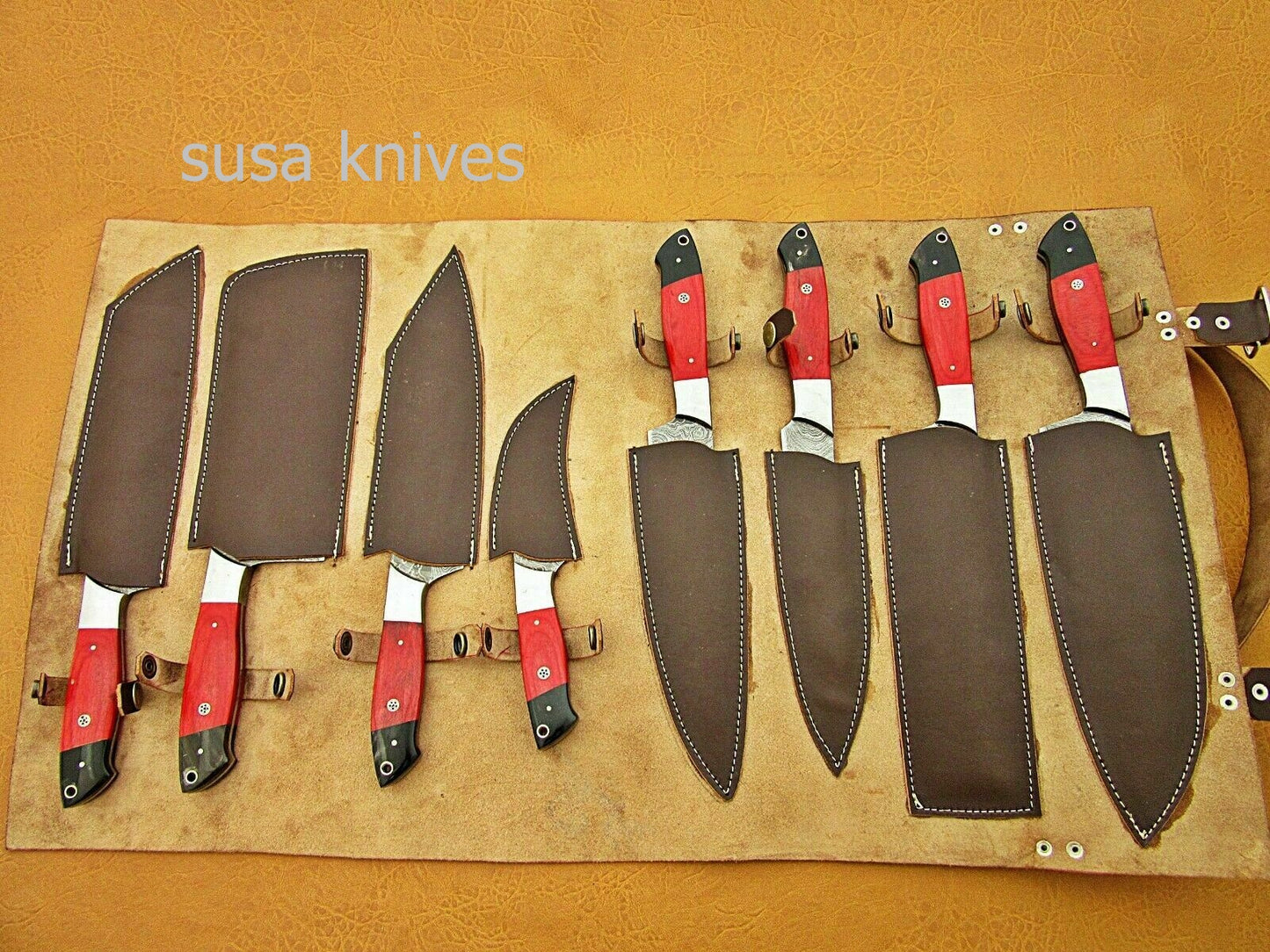 CUSTOM HANDMADE DAMASCUS STEEL CHEF SET/KITCHEN 8 PCS ROSEWOOD ,BUFFALO HORN - SUSA KNIVES