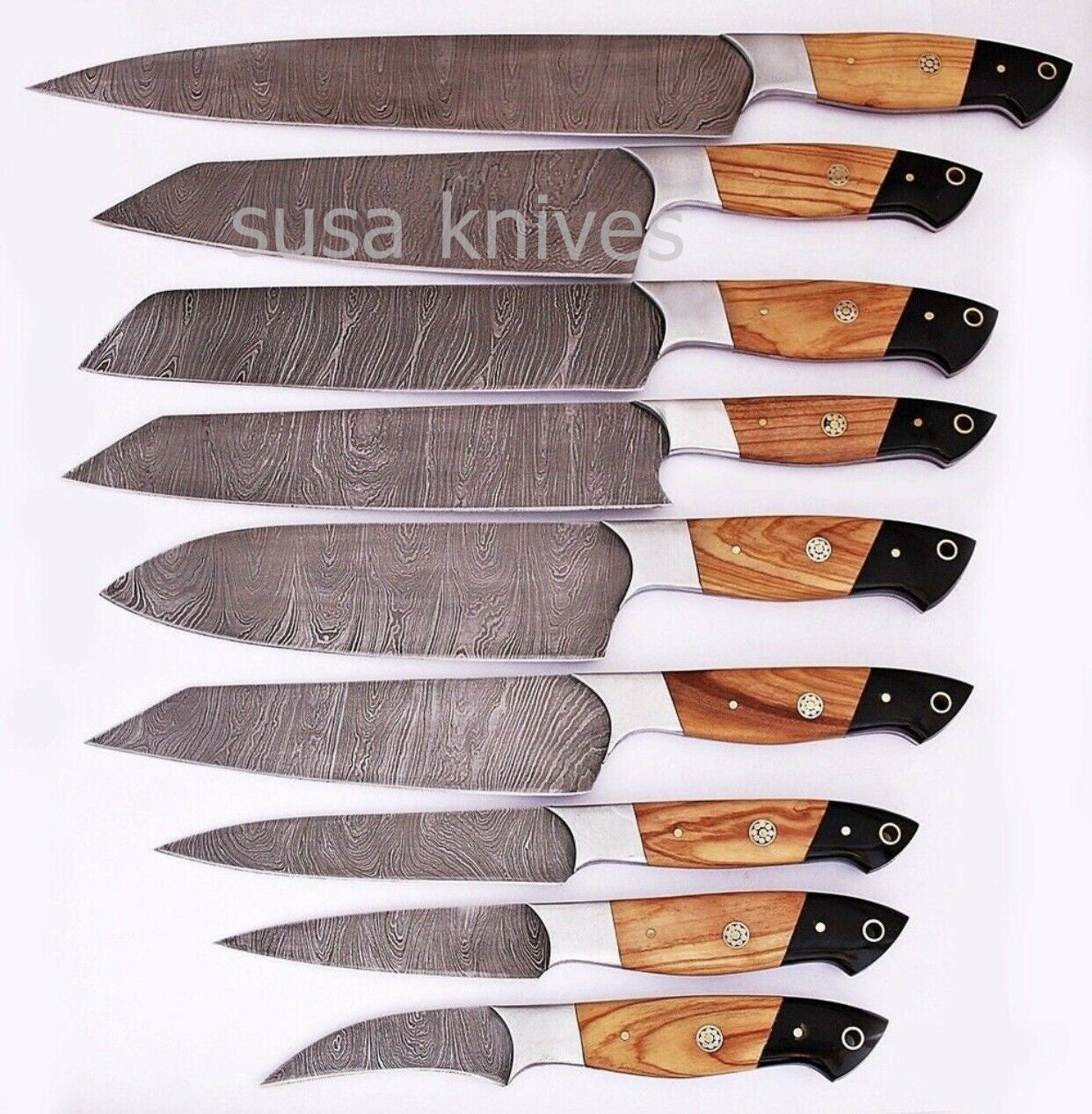 HANDMADE DAMASCUS STEEL CHEF KNIFE KITCHEN SET KNIVES 9 PCS - SUSA KNIVES