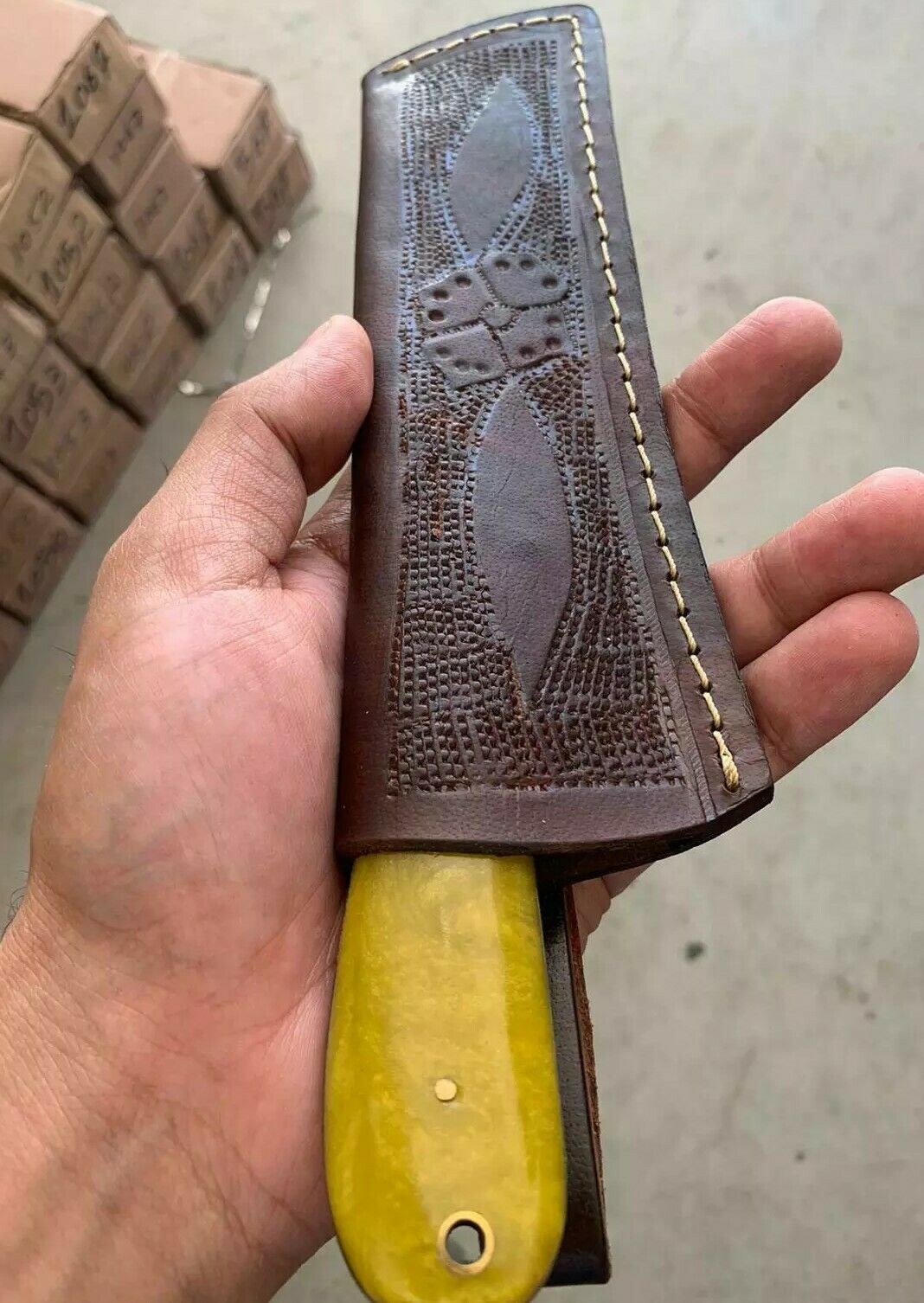 HAND FORGED DAMASCUS STEEL BULL CUTTER/COWBOY KNIFE & RISEN HANDLE - SUSA KNIVES