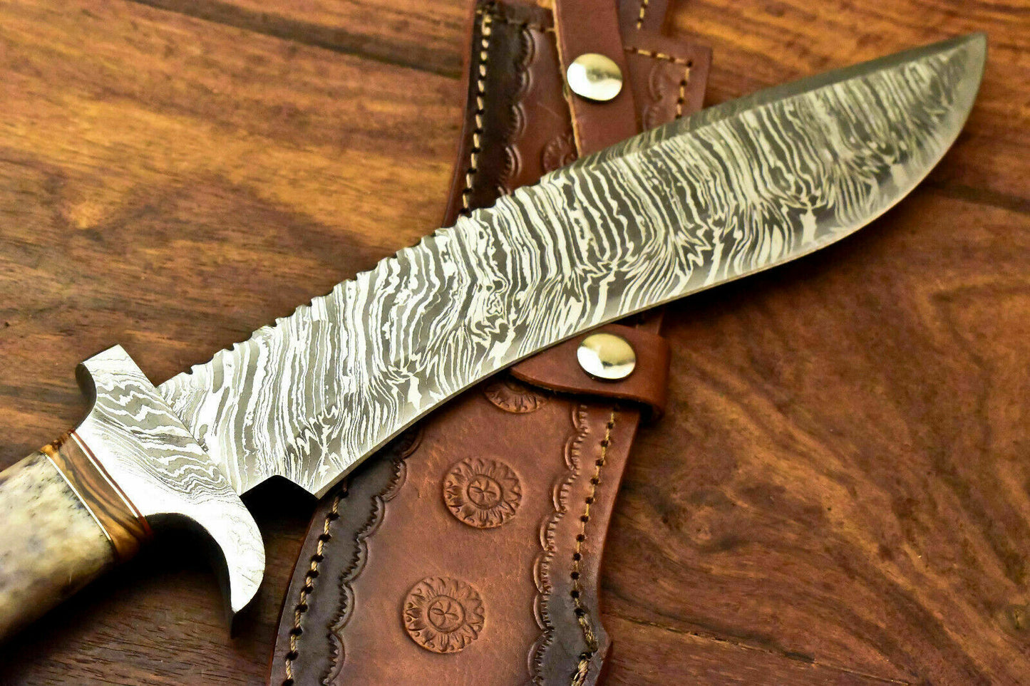 Custom Handmade Damascus Steel Bowie Knife | Sheath | Stained Camel Bone Handle - SUSA KNIVES