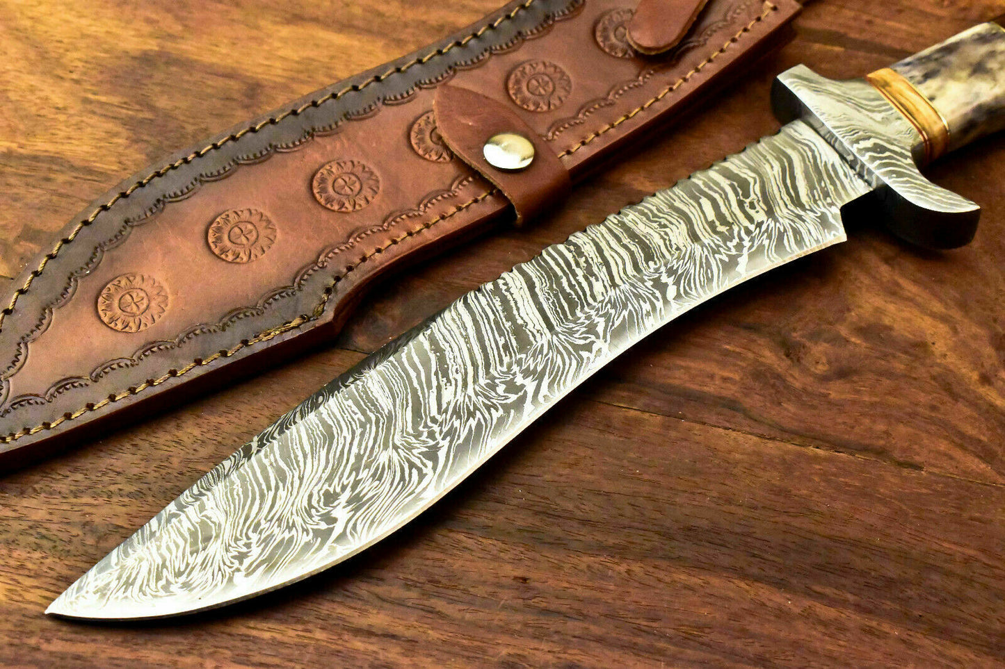 Custom Handmade Damascus Steel Bowie Knife | Sheath | Stained Camel Bone Handle - SUSA KNIVES