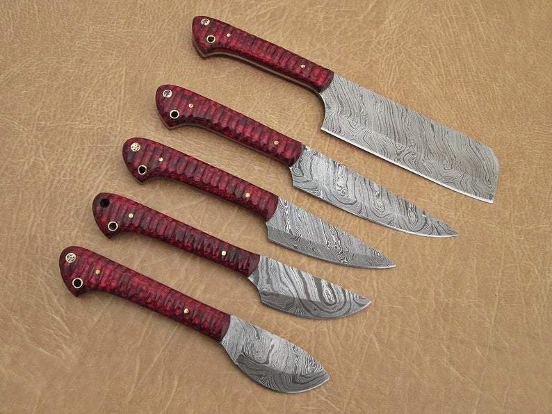 Set Of 5 Beautiful Handmade Damascus Steel Chef Knives With Leather Bag - SUSA KNIVES